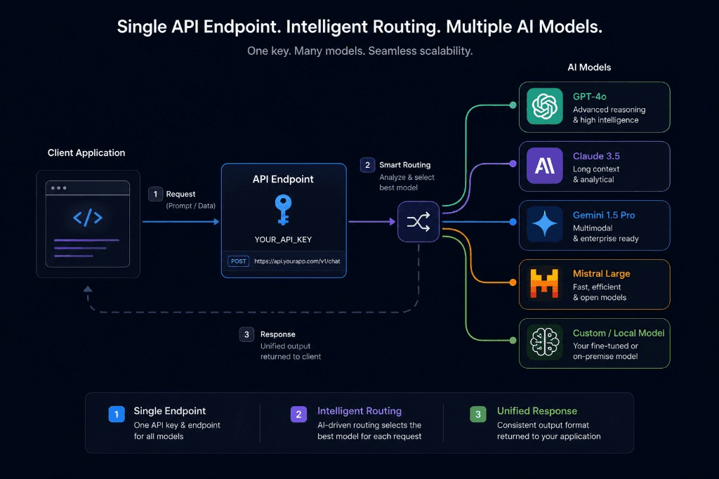 Diagram explaining the 3-step single API endpoint routing workflow from client request to intelligent model selection and response