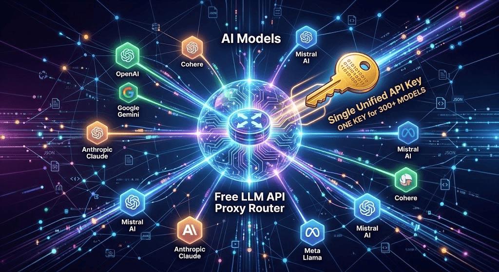 Unified AI API proxy router diagram showing connections between multiple LLMs including OpenAI, Claude, Gemini, and Mistral with a single key