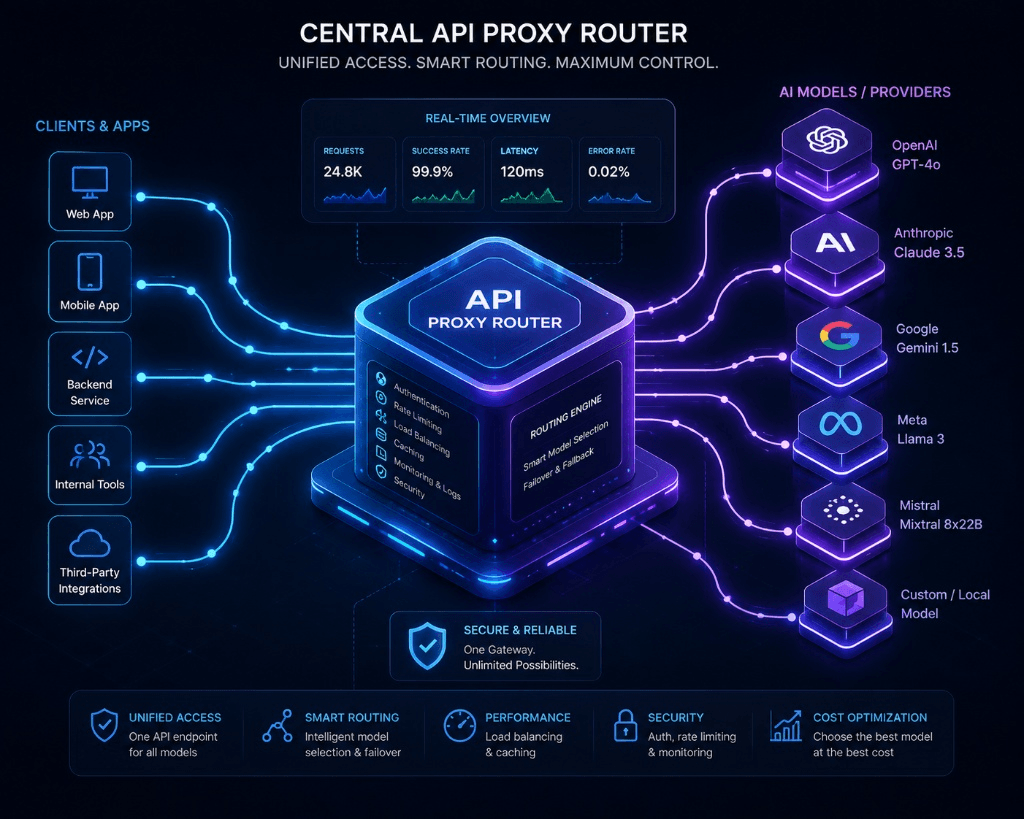 Detailed central API proxy router architecture diagram displaying real-time metrics, security routing engine, and connected client applications