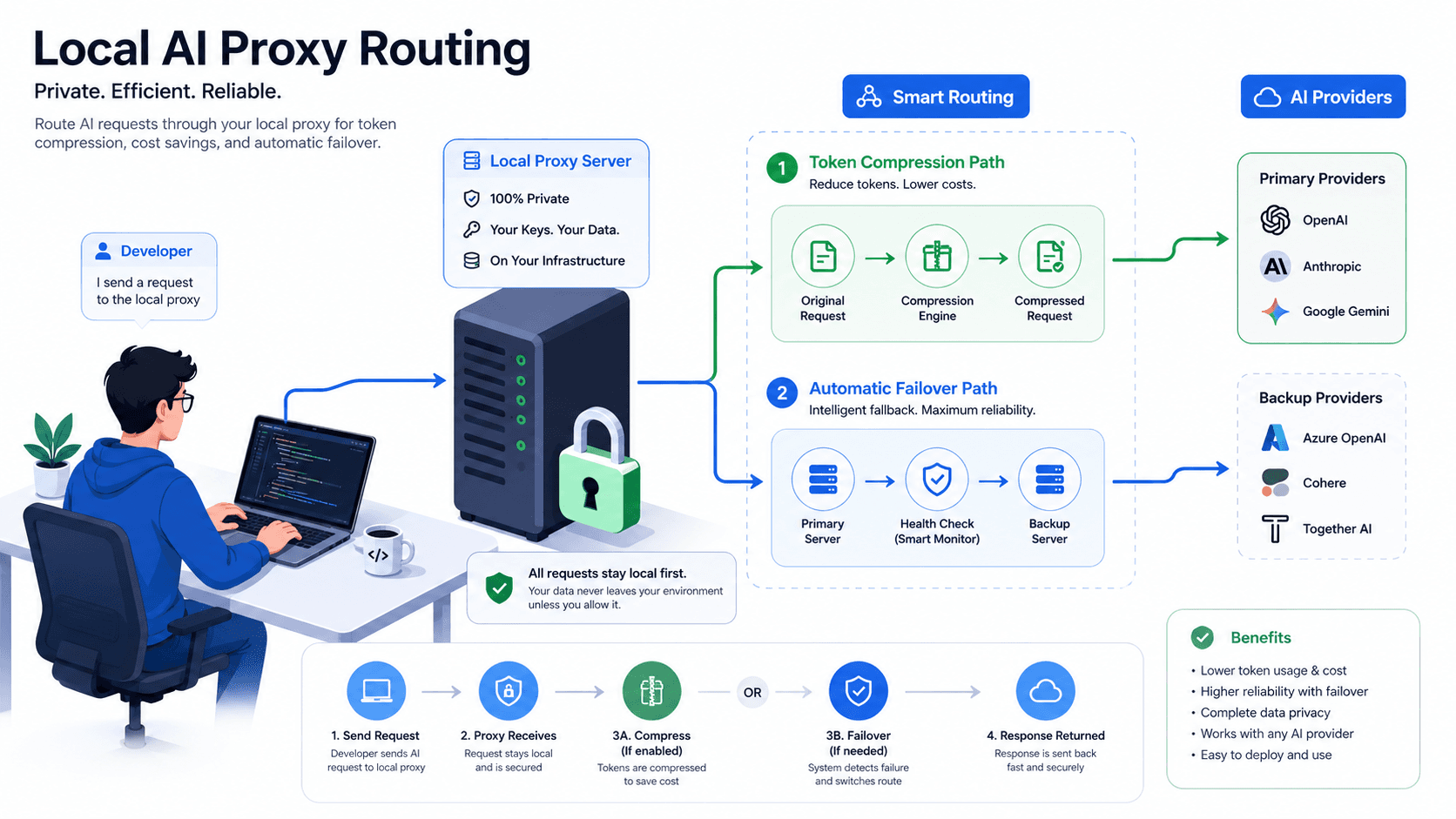 Infographic diagram showing local-first data privacy, token compression, and automatic API fallbacks in OmniRoute