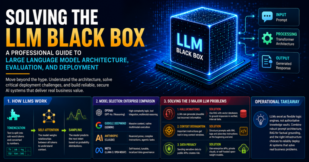 Solving the LLM Black Box: A Professional Guide to Large Language Model Architecture, Evaluation, and Deployment Solving the LLM Black Box - Model Deployment and Architecture Infographic